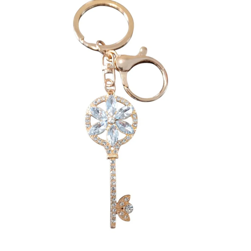 Skeleton Key Flower Rhinestone Keychain Purse Charm in Diamond Gold Tones